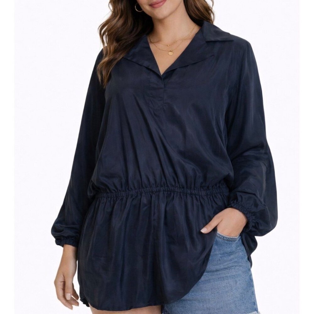 Shape FX blouse 100% silk black V-neck elastic waist shape through SZ M NEW